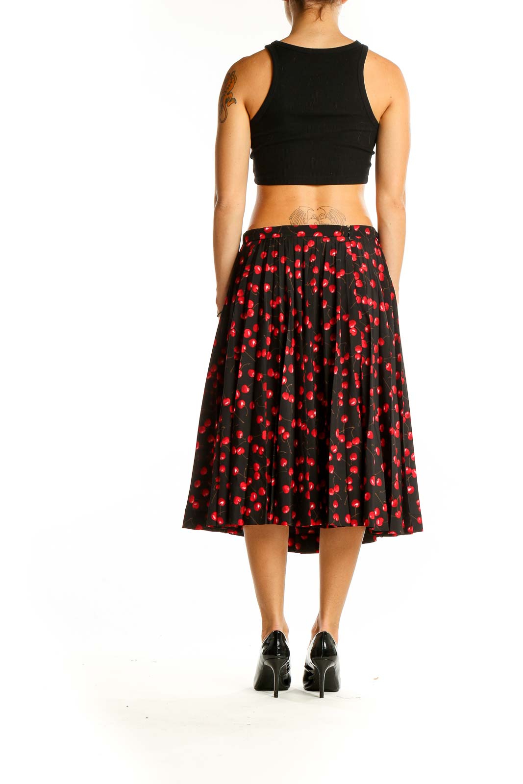 Back view of J.Crew black midi skirt with red cherry print