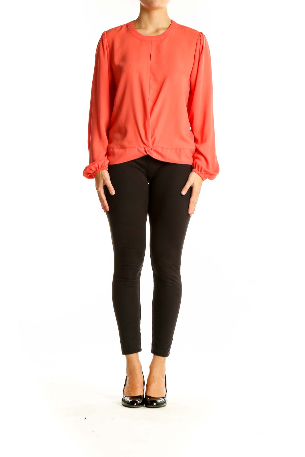 Front view of coral twist-front long sleeve blouse by Nine West