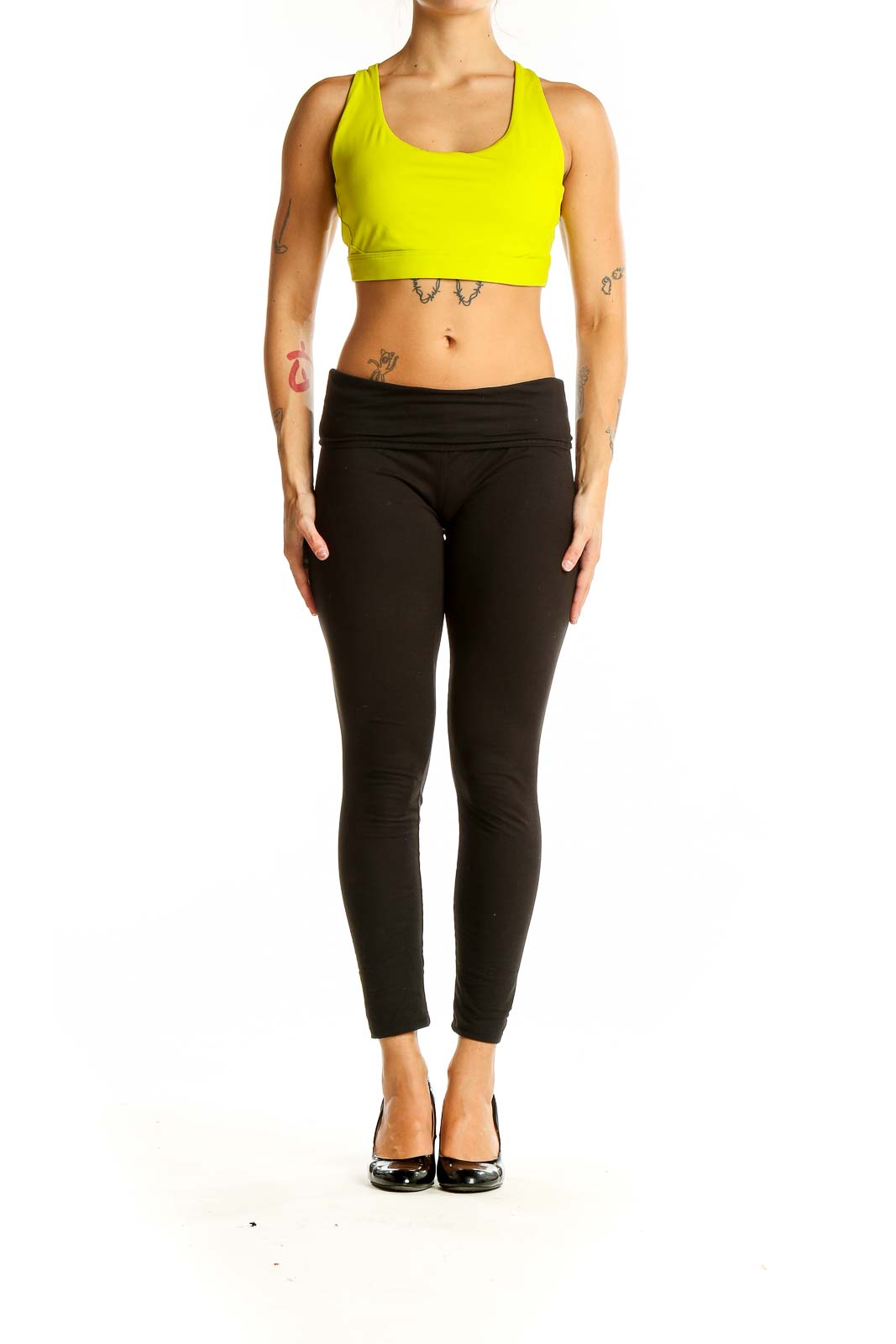 Front view of neon yellow Athleta racerback sports bra