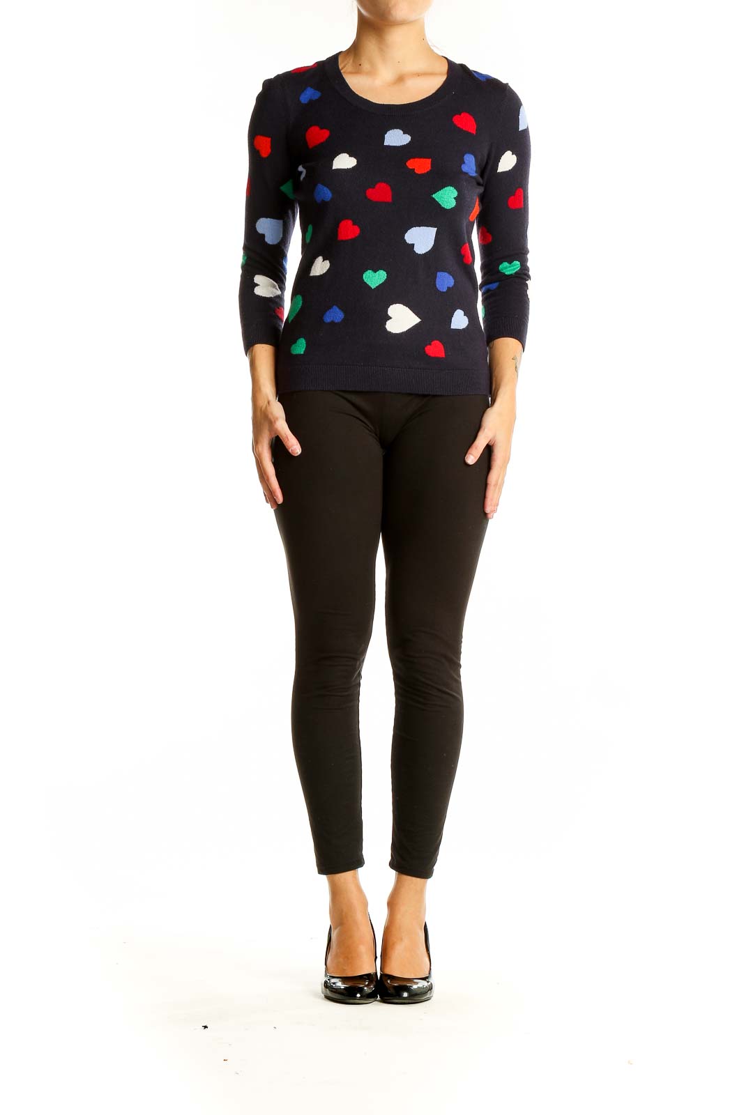 Front view of Talbots black knit sweater with multi-color heart print