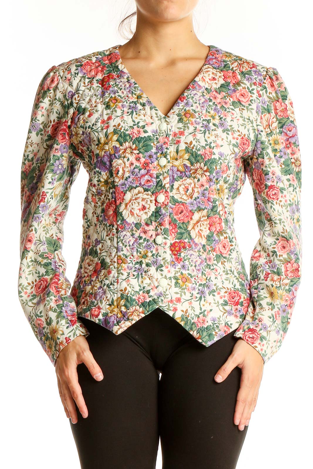 Front view of Just In Thyme LTD floral vintage-inspired blazer with V-neckline