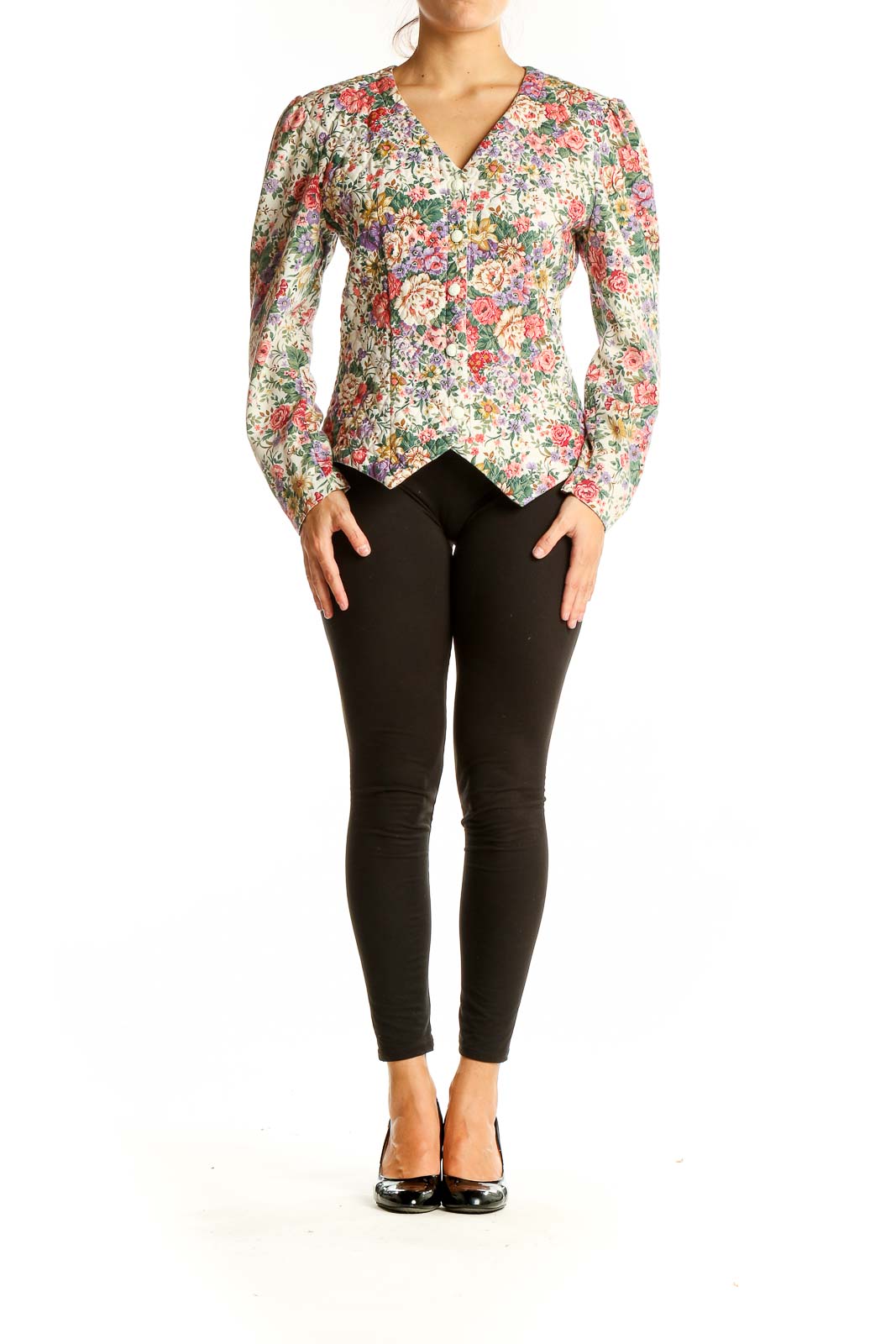 Front view of Just In Thyme LTD floral vintage-inspired blazer with V-neckline