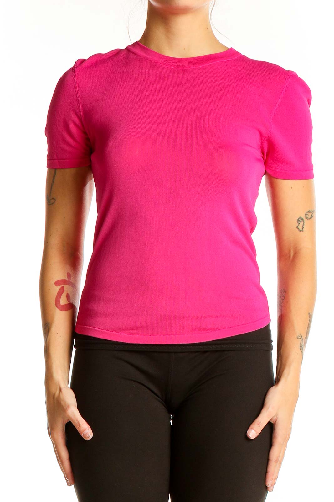 Front view of hot pink fitted short sleeve top from Zara with puffed shoulders