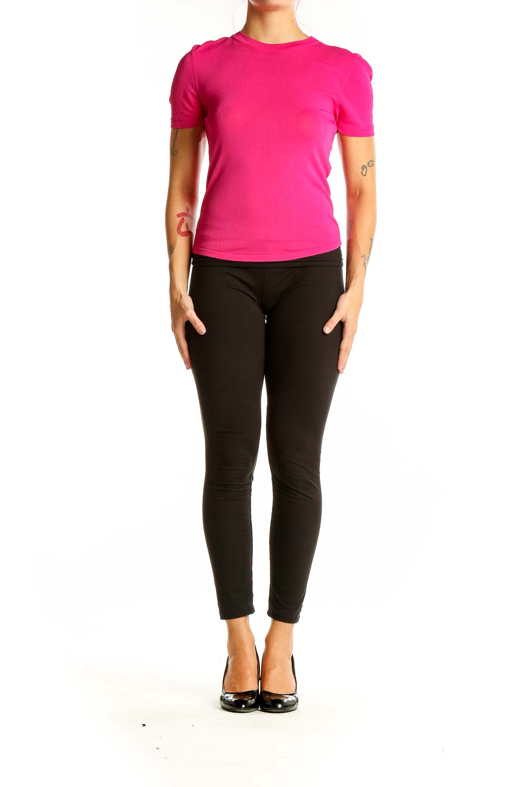 Front view of hot pink fitted short sleeve top from Zara with puffed shoulders