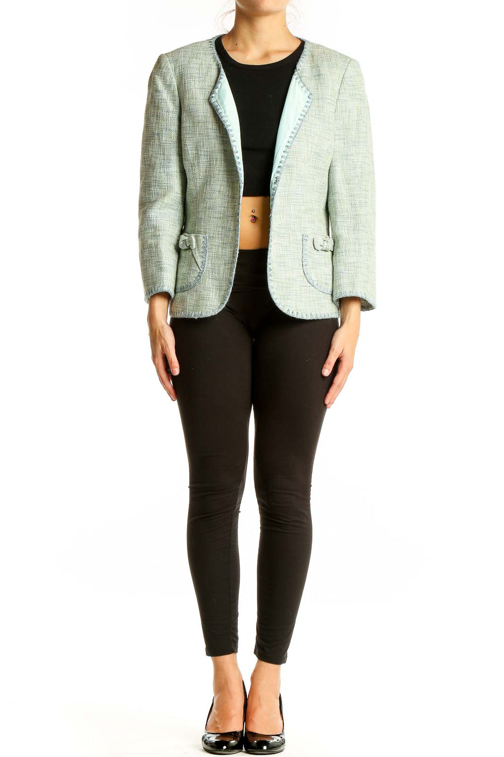 Front view of mint green Ann Taylor blazer with textured fabric and open front design