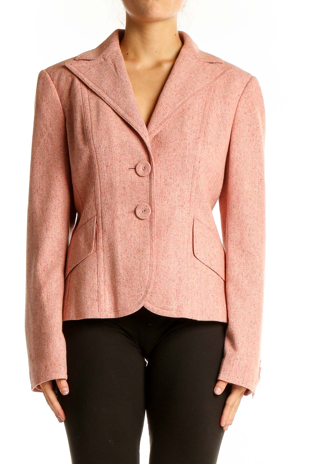 Front view of Ann Taylor pink wool blend tailored blazer