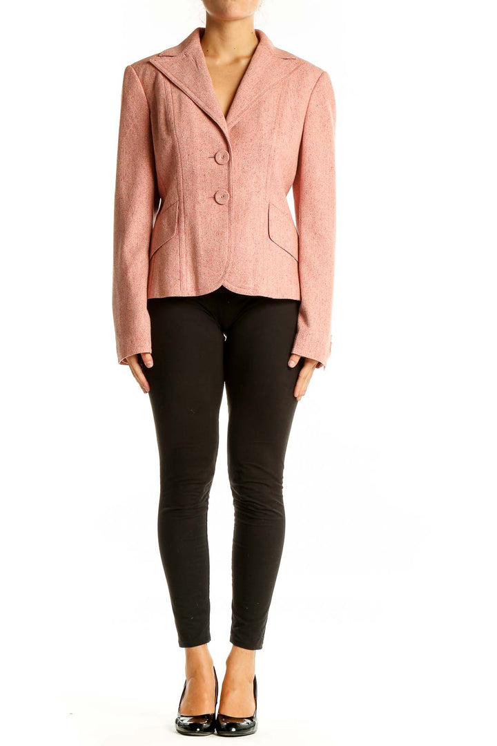 Front view of Ann Taylor pink wool blend tailored blazer