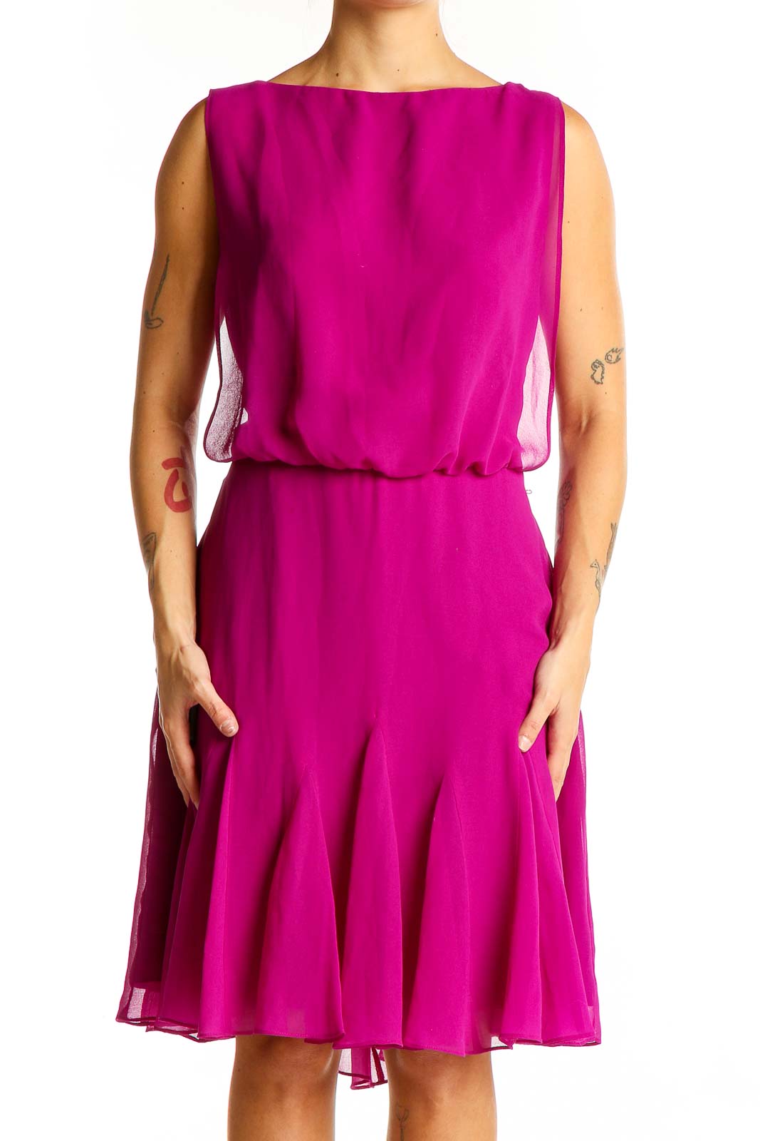 Front view of magenta sleeveless chiffon cocktail dress by Lauren Ralph Lauren