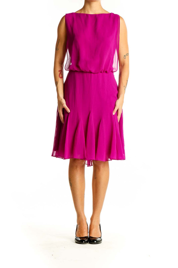 Front view of magenta sleeveless chiffon cocktail dress by Lauren Ralph Lauren