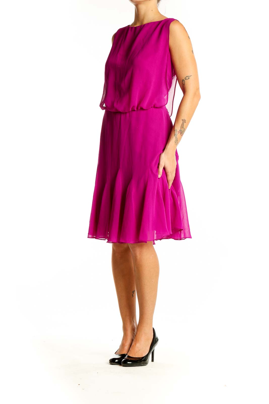 Front view of magenta sleeveless chiffon cocktail dress by Lauren Ralph Lauren