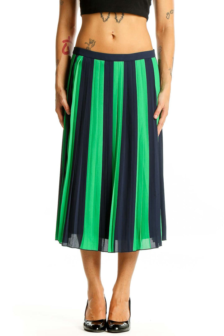 Green Blue Striped Pleated A-Line Skirt