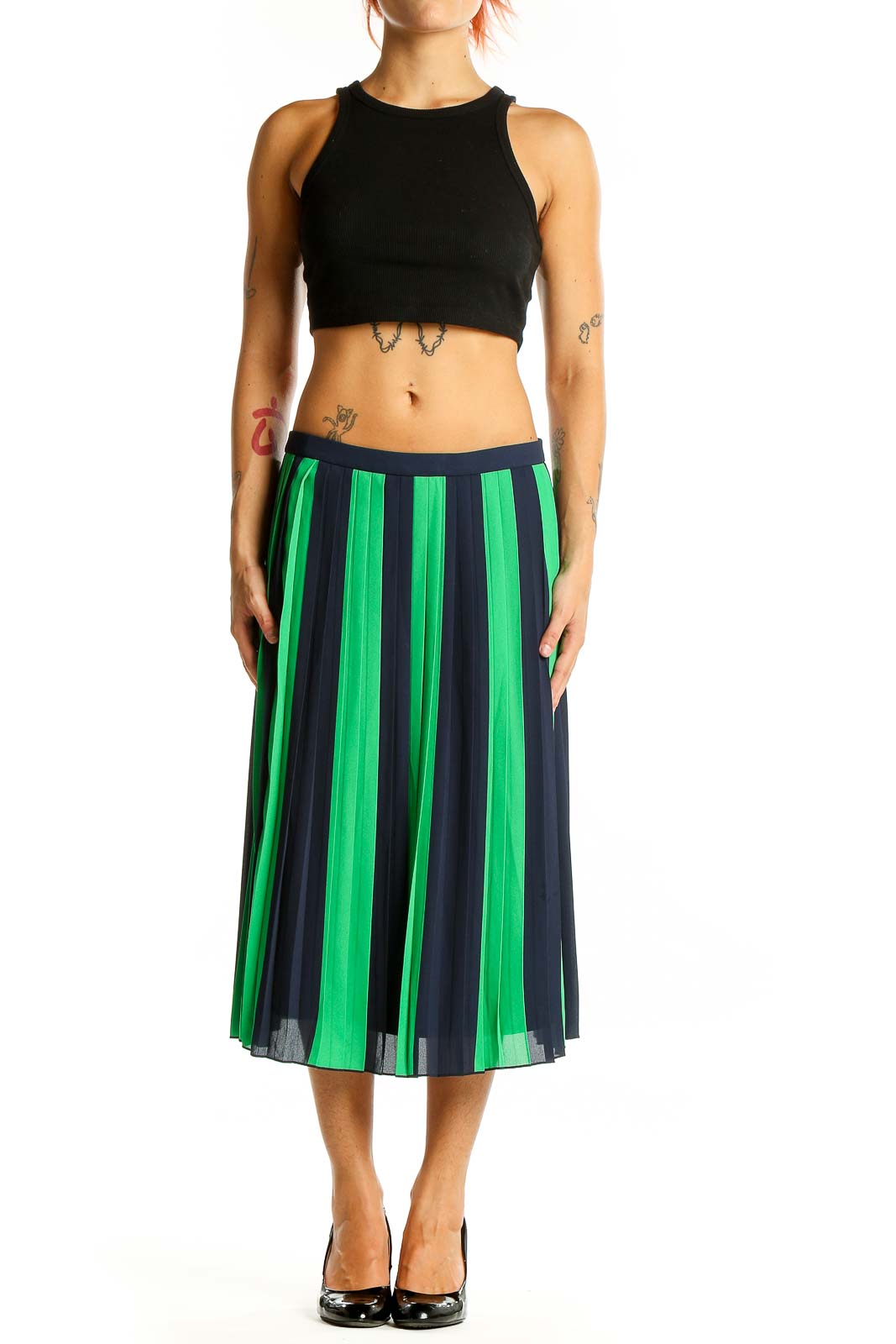 Green Blue Striped Pleated A-Line Skirt