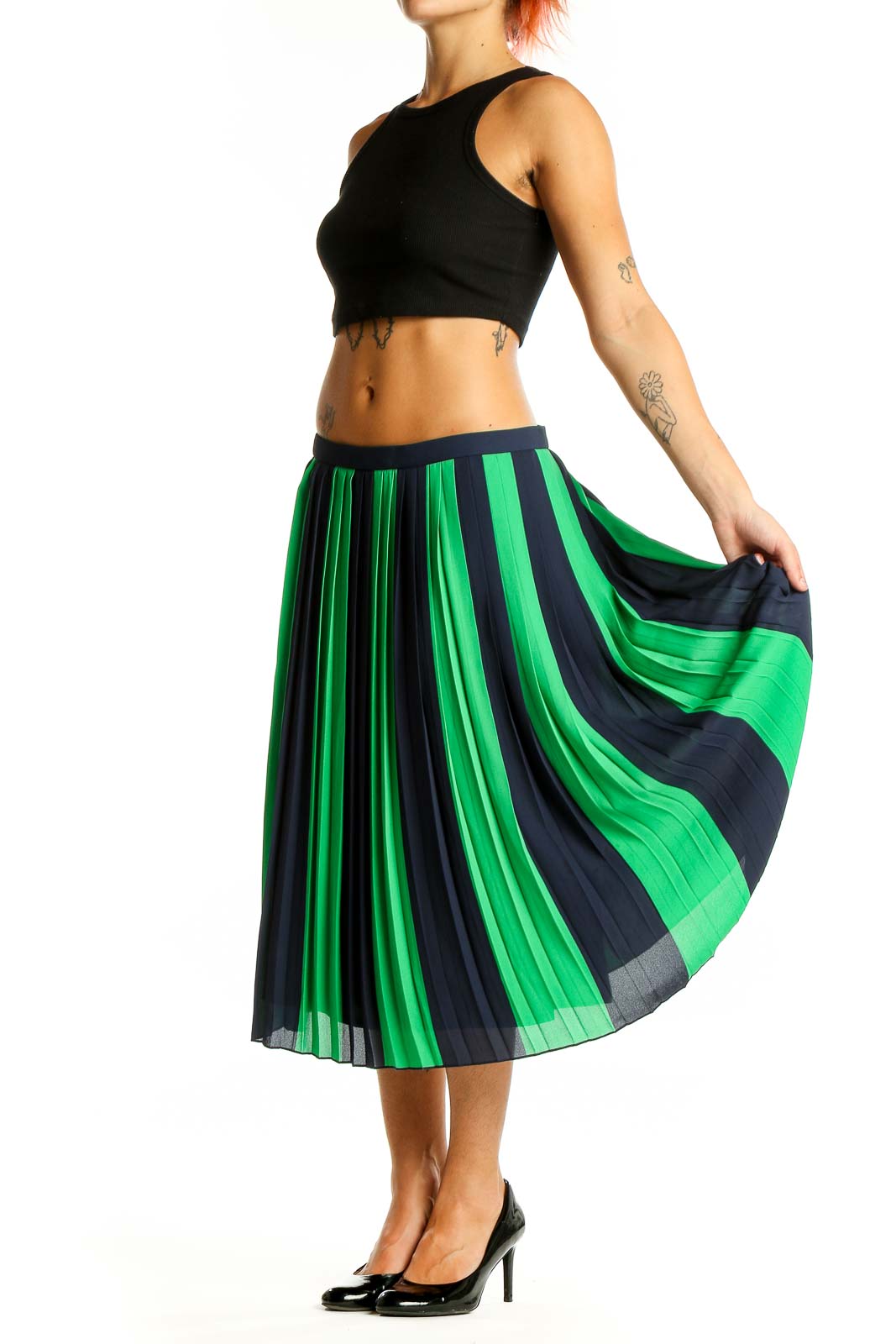 Green Blue Striped Pleated A-Line Skirt