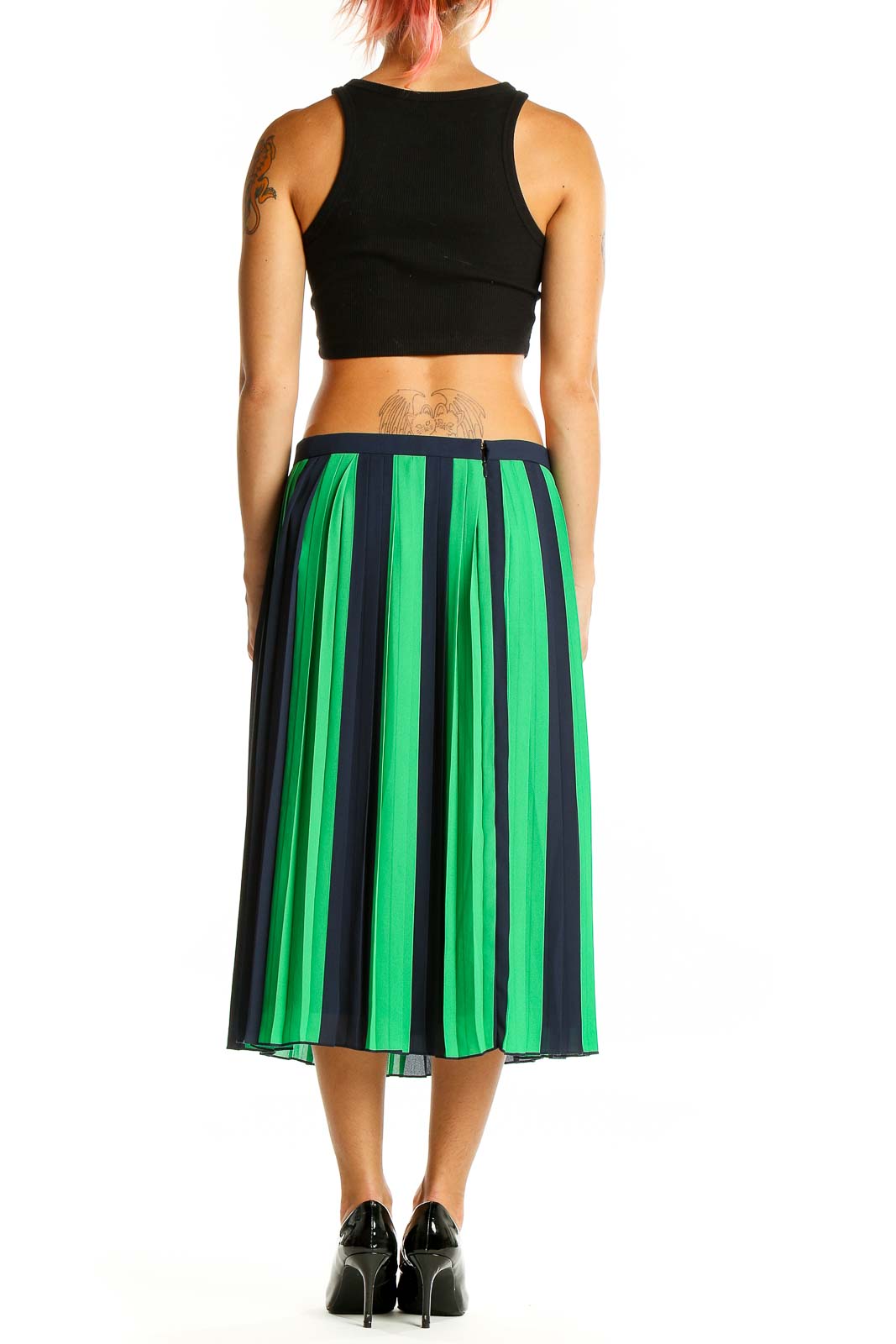 Green Blue Striped Pleated A-Line Skirt