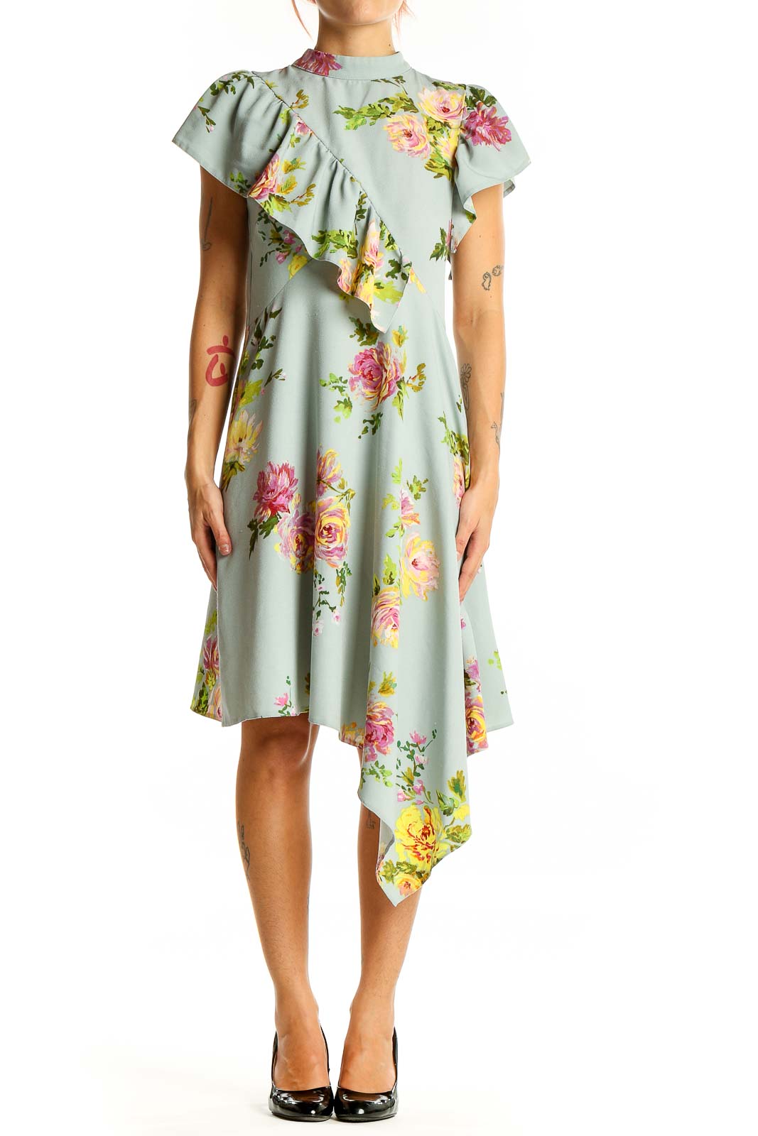 Front view of ASOS mint floral dress with ruffled overlay and asymmetric hemline