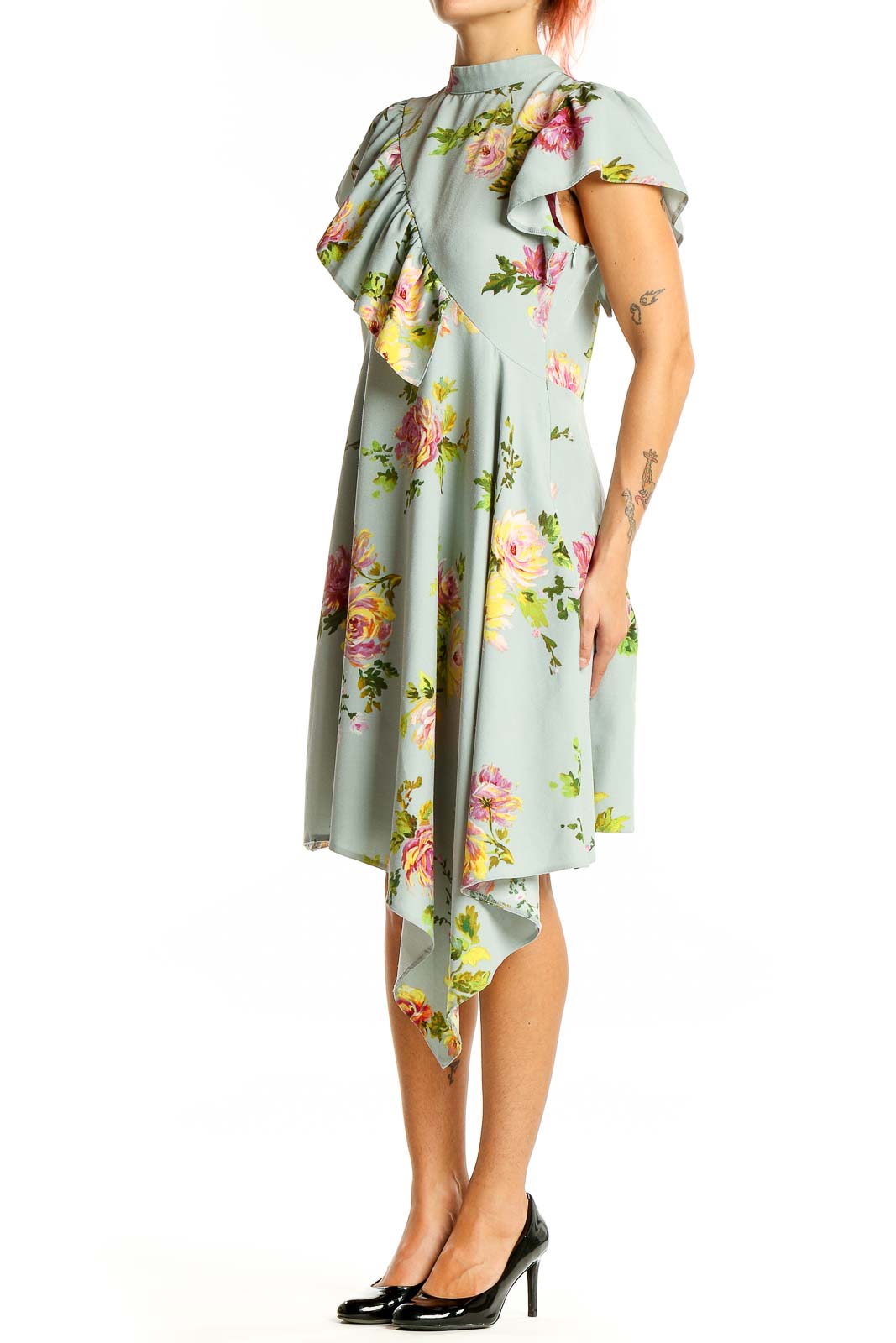 Front view of ASOS mint floral dress with ruffled overlay and asymmetric hemline