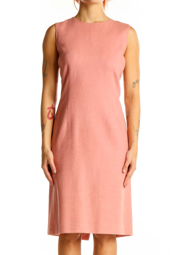 Front view of Ann Taylor pink sleeveless linen blend sheath dress