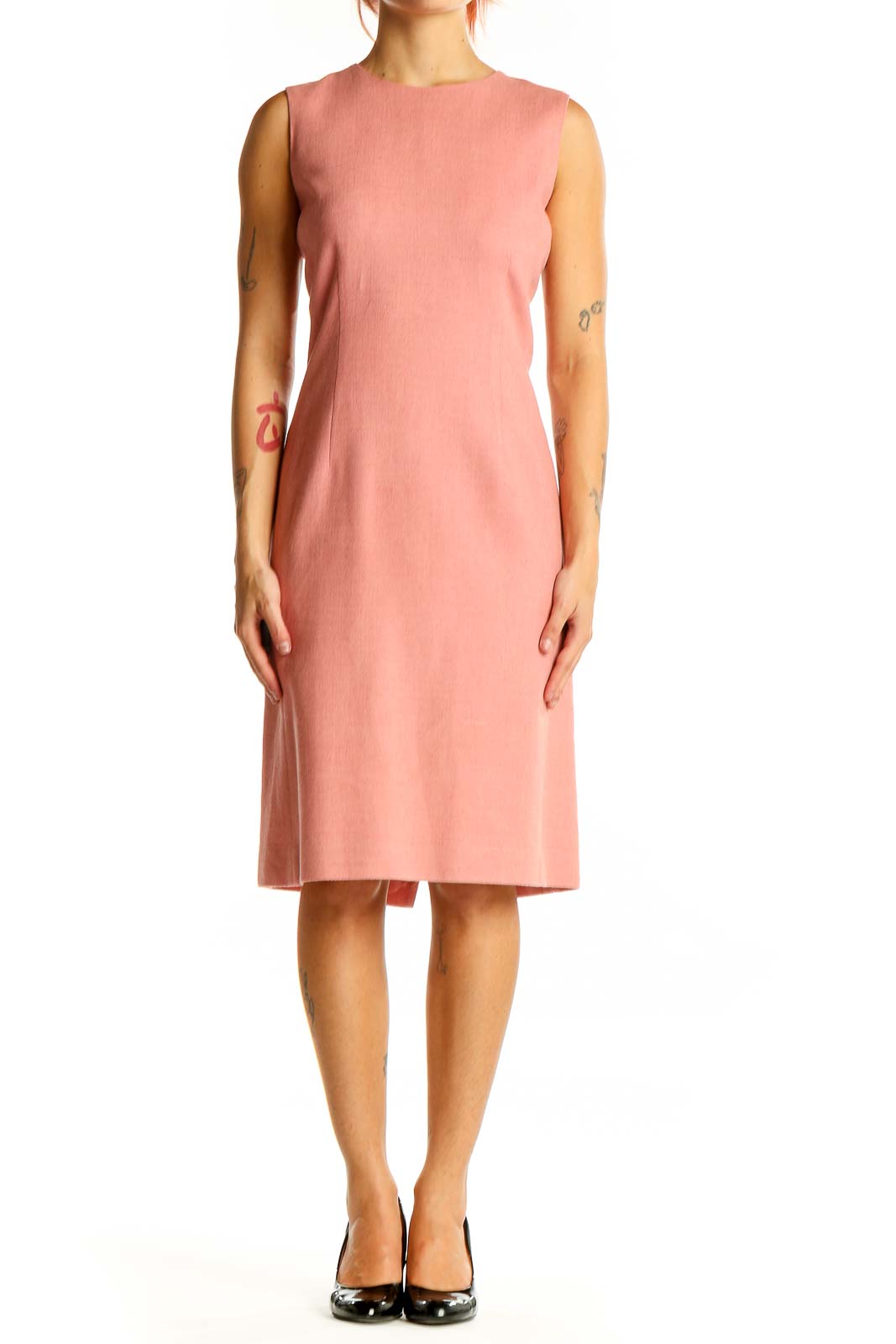 Front view of Ann Taylor pink sleeveless linen blend sheath dress