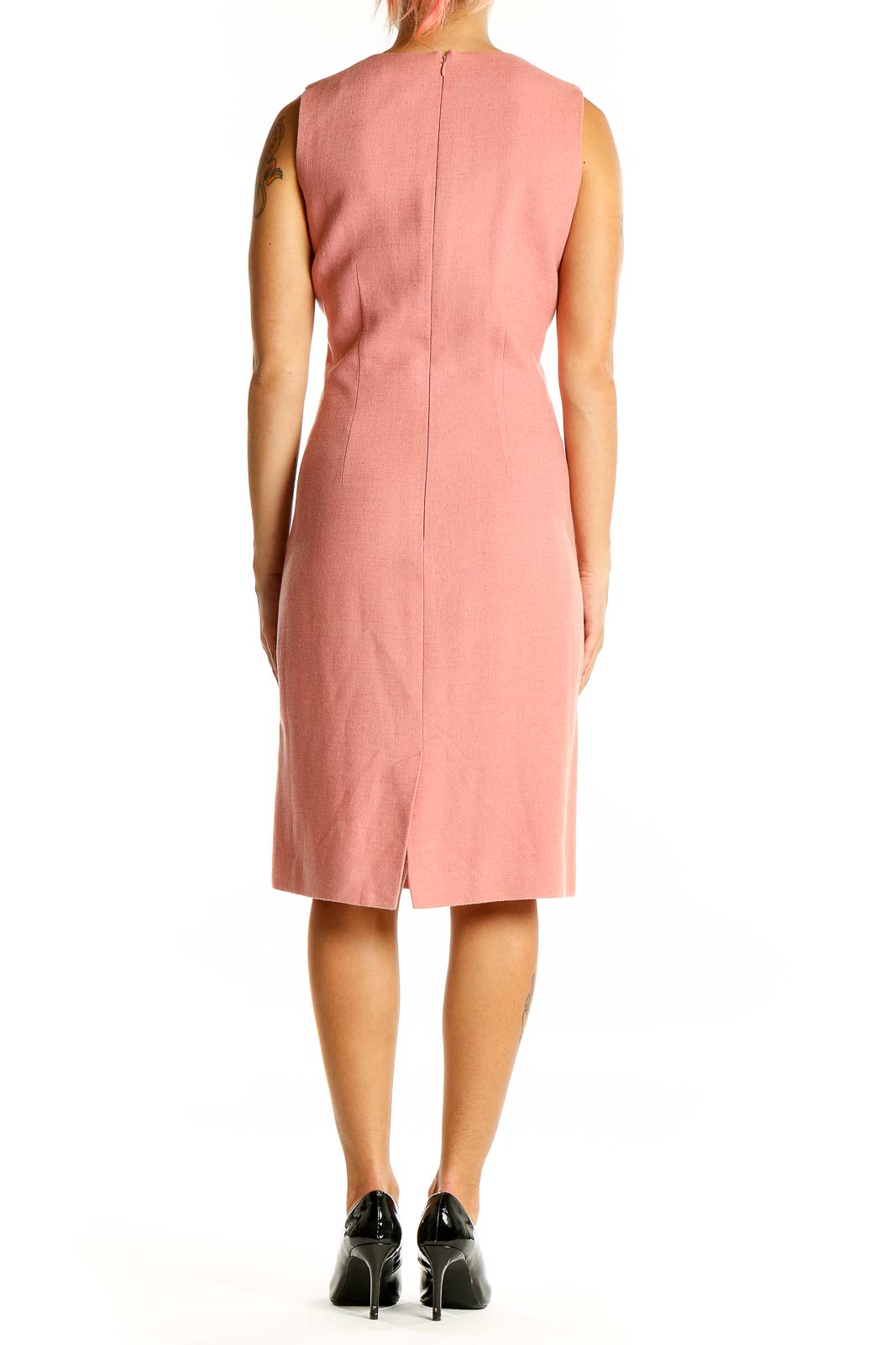 Back view of Ann Taylor pink sleeveless linen blend sheath dress with zipper closure