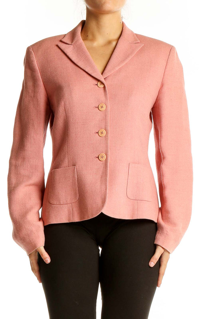 Front view of Ann Taylor pink wool blend blazer with four-button closure