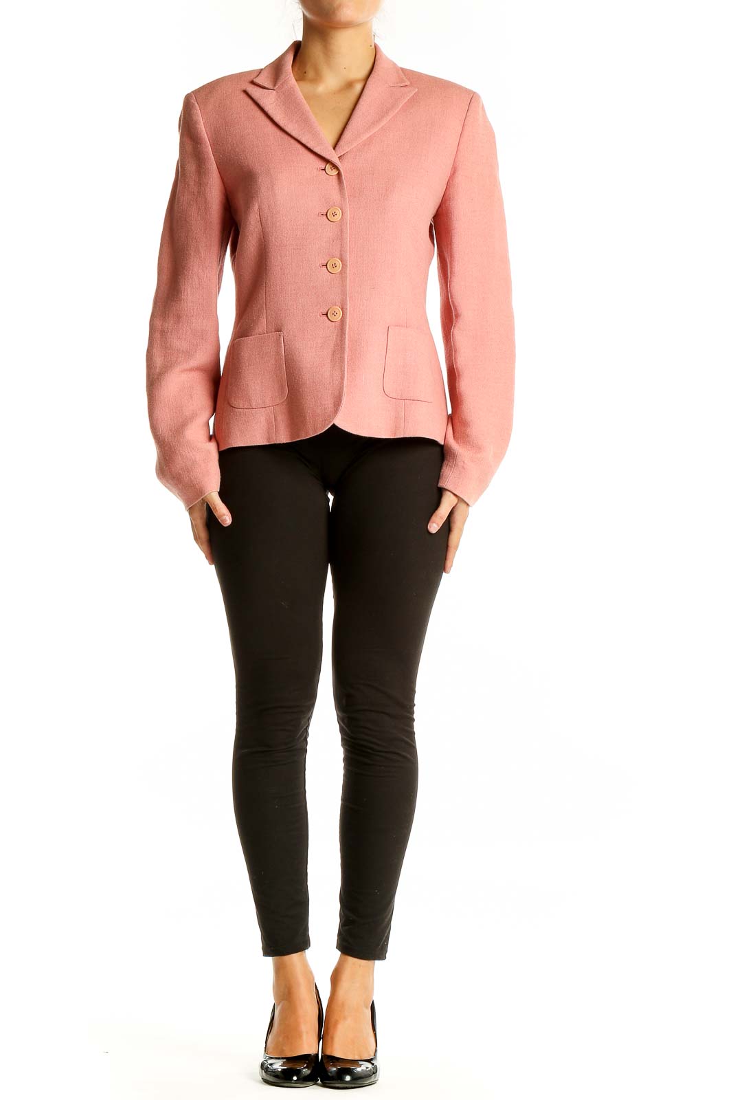 Front view of Ann Taylor pink wool blend blazer with four-button closure