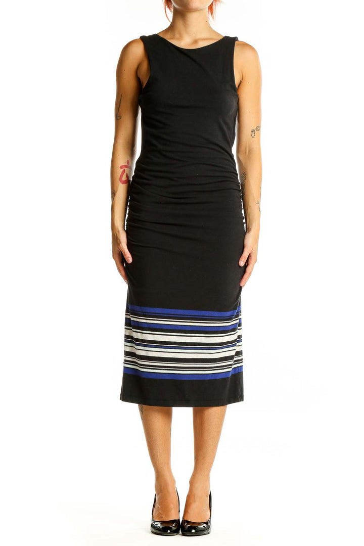 Front view of Athleta Black Striped Midi Dress with ruched sides