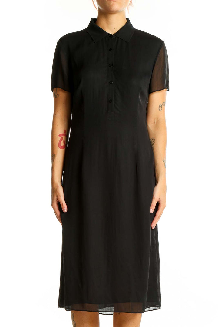 Front view of black Ann Taylor polyester shirt dress with collar