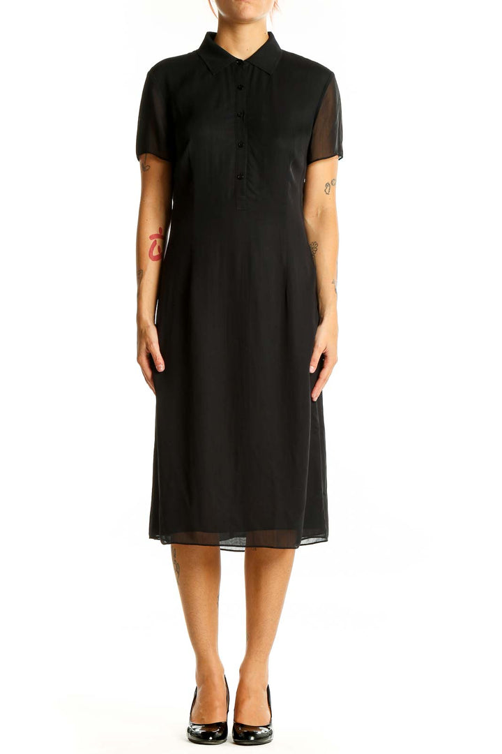 Front view of black Ann Taylor polyester shirt dress with collar