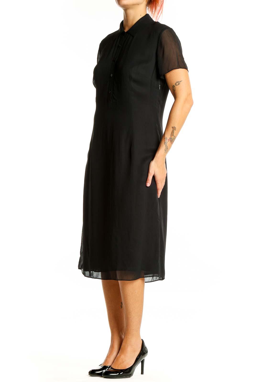 Front view of black Ann Taylor polyester shirt dress with collar