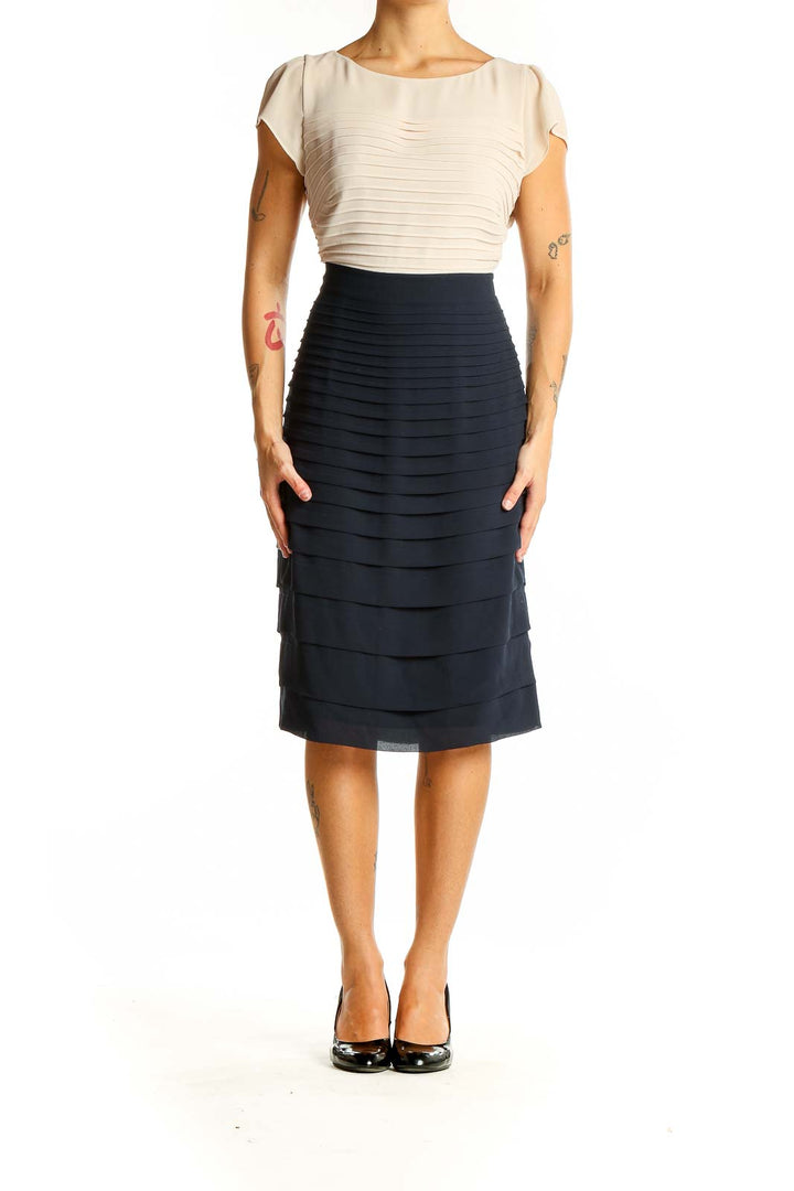 Front view of Autograph cream and navy tiered midi dress