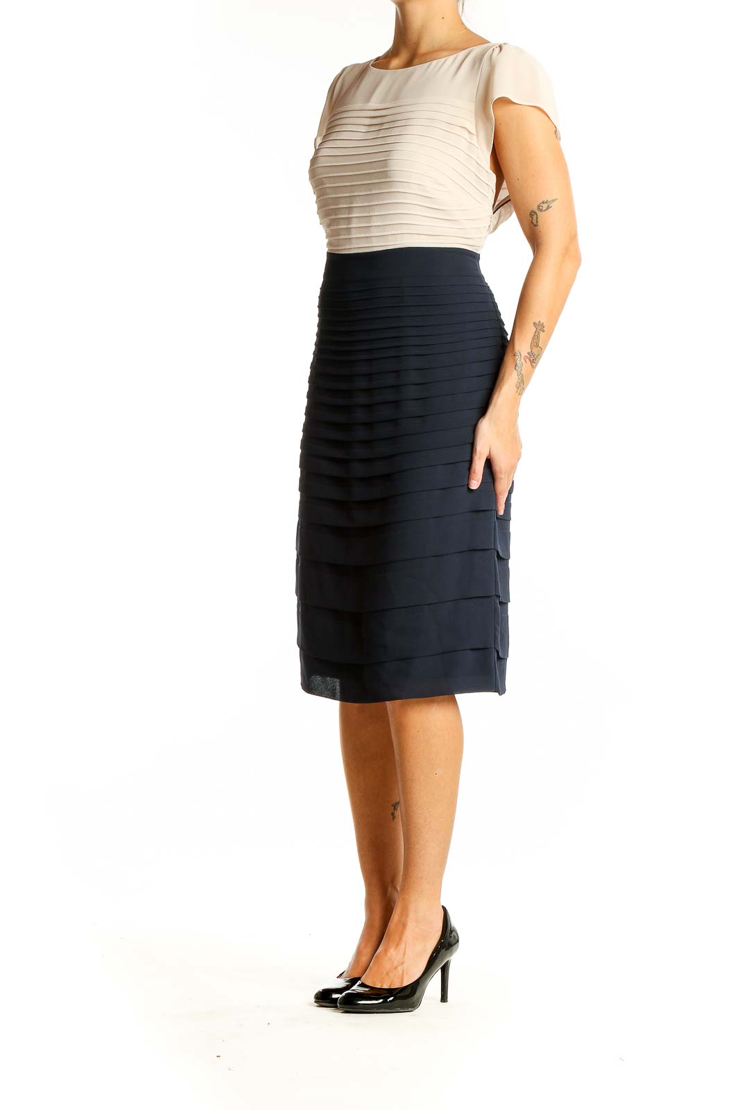 Front view of Autograph cream and navy tiered midi dress