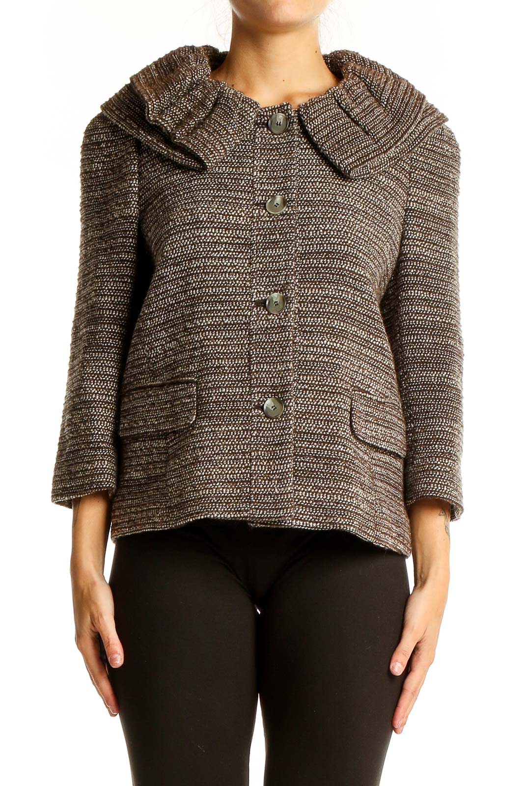 Front view of Ann Taylor brown textured knit cropped jacket with oversized collar