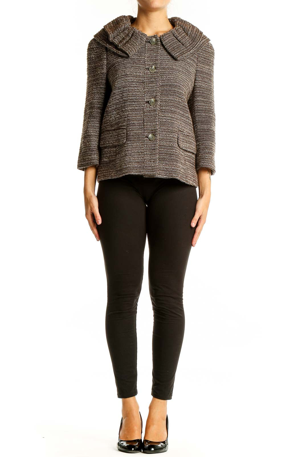 Front view of Ann Taylor brown textured knit cropped jacket with oversized collar