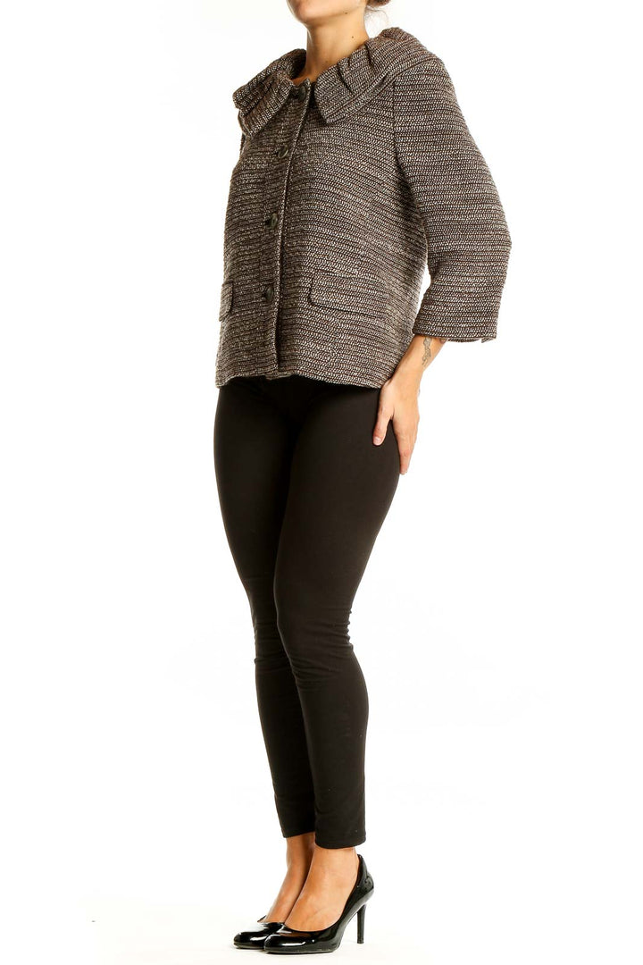 Front view of Ann Taylor brown textured knit cropped jacket with oversized collar