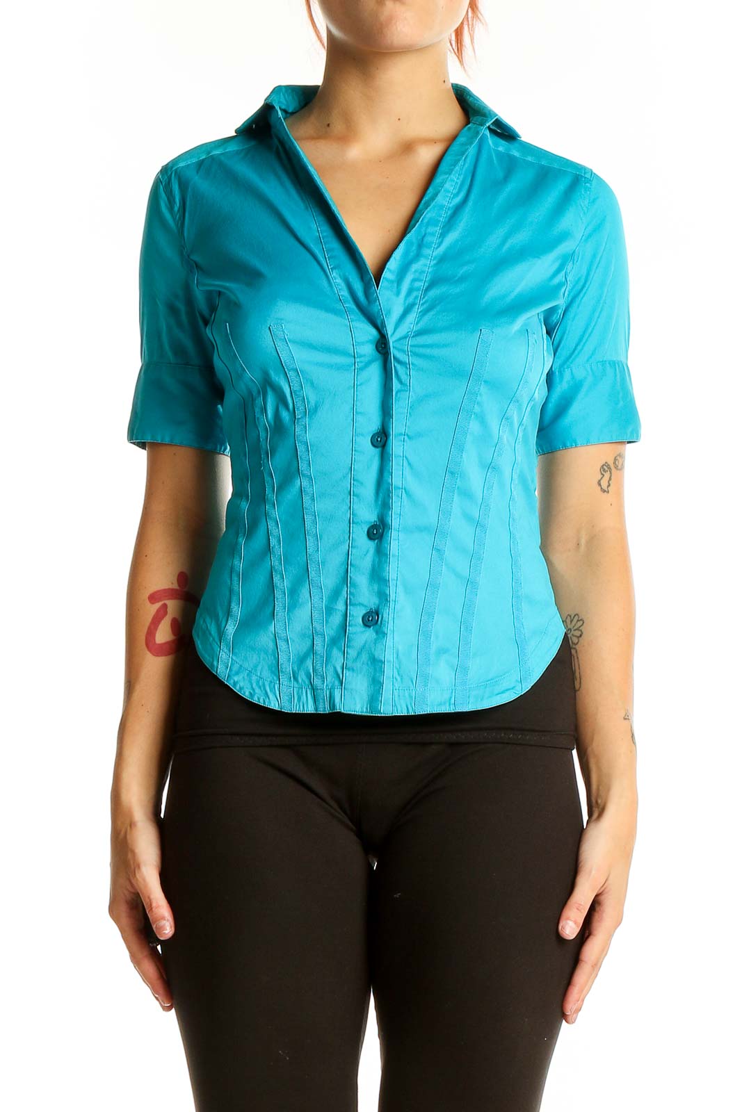 Front view of Armani Exchange turquoise short-sleeve fitted shirt