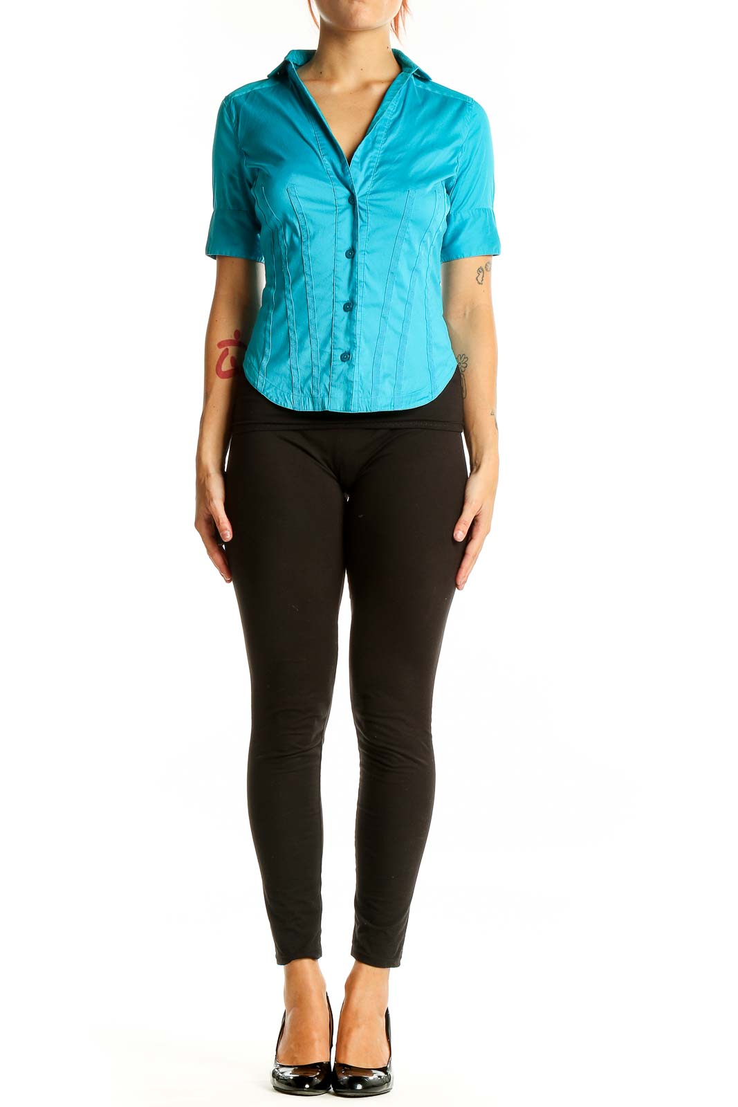 Front view of Armani Exchange turquoise short-sleeve fitted shirt