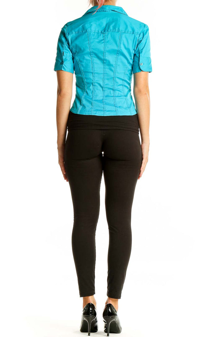 Back view of Armani Exchange turquoise short-sleeve fitted shirt on model