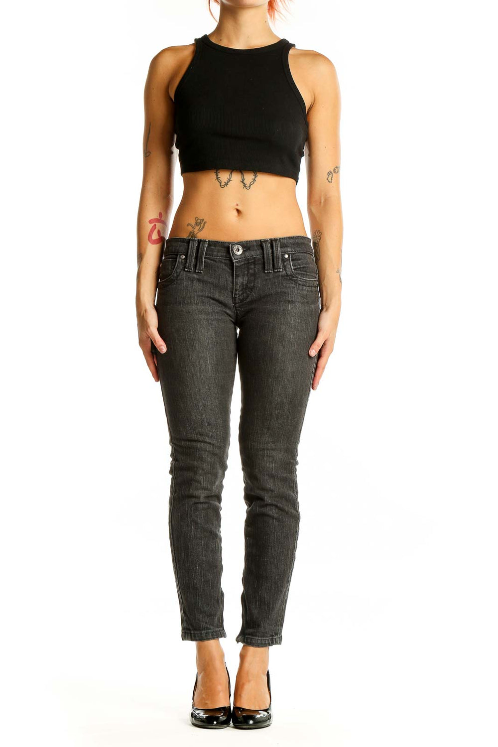 Front view of Miss Sixty dark gray slim-fit jeans on model