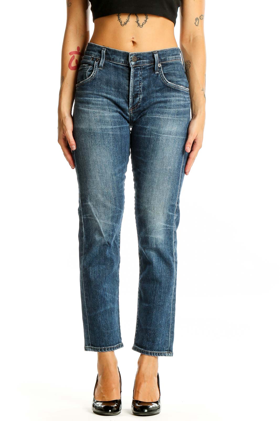 Front view of Citizens of Humanity blue straight leg jeans on model