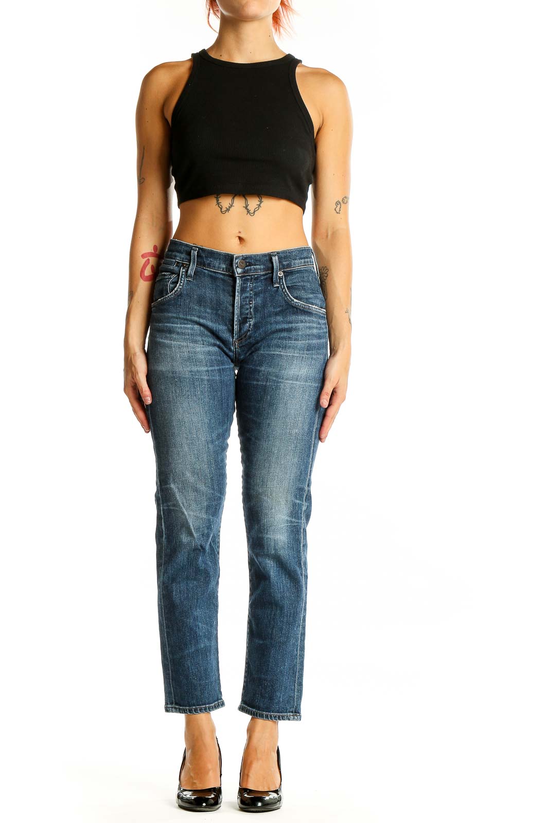 Front view of Citizens of Humanity blue straight leg jeans on model