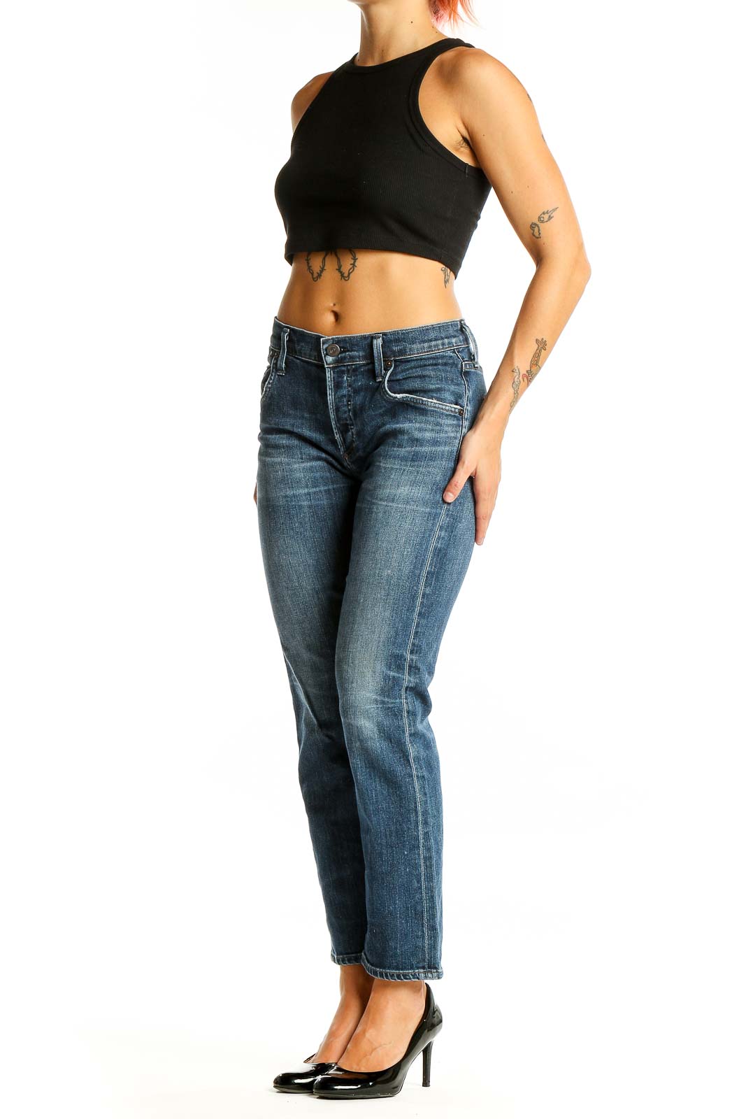 Front view of Citizens of Humanity blue straight leg jeans on model