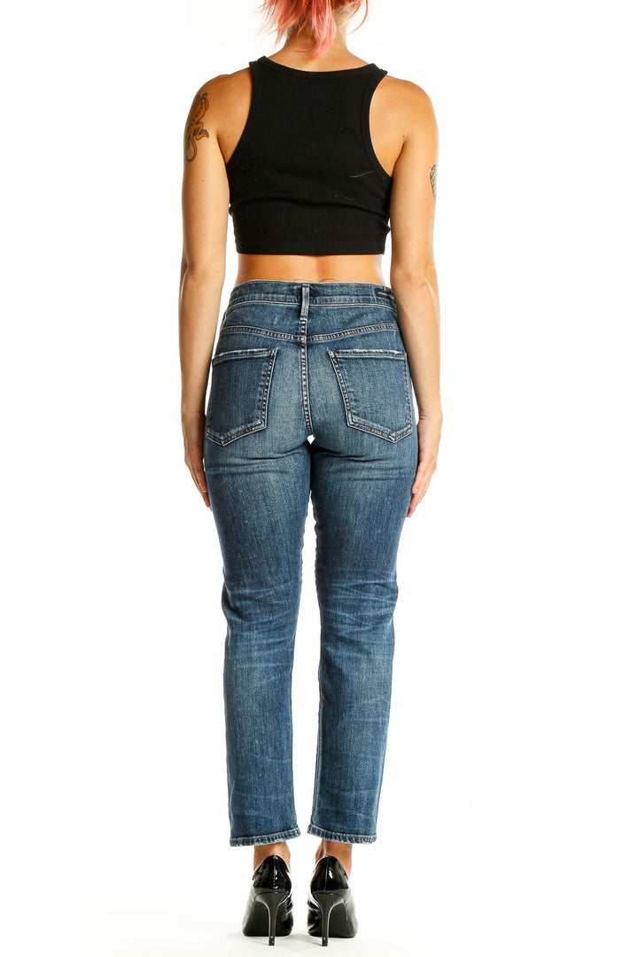 Back view of Citizens of Humanity blue straight leg jeans on model