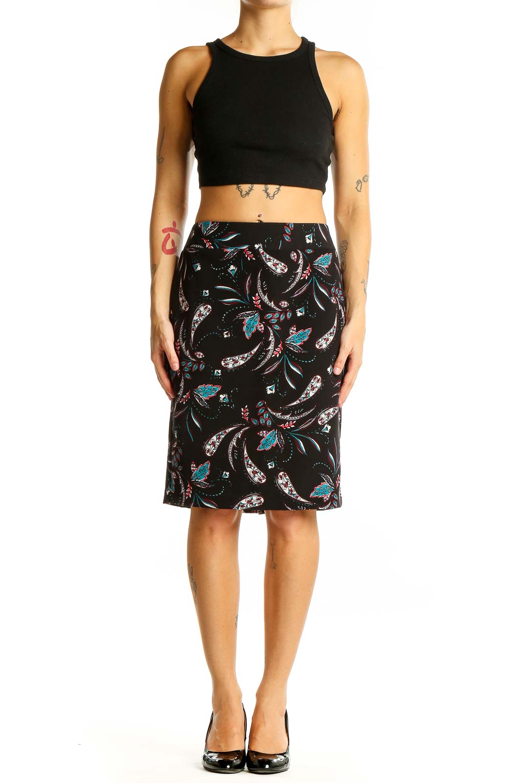 Front view of Ann Taylor black pencil skirt with colorful floral print