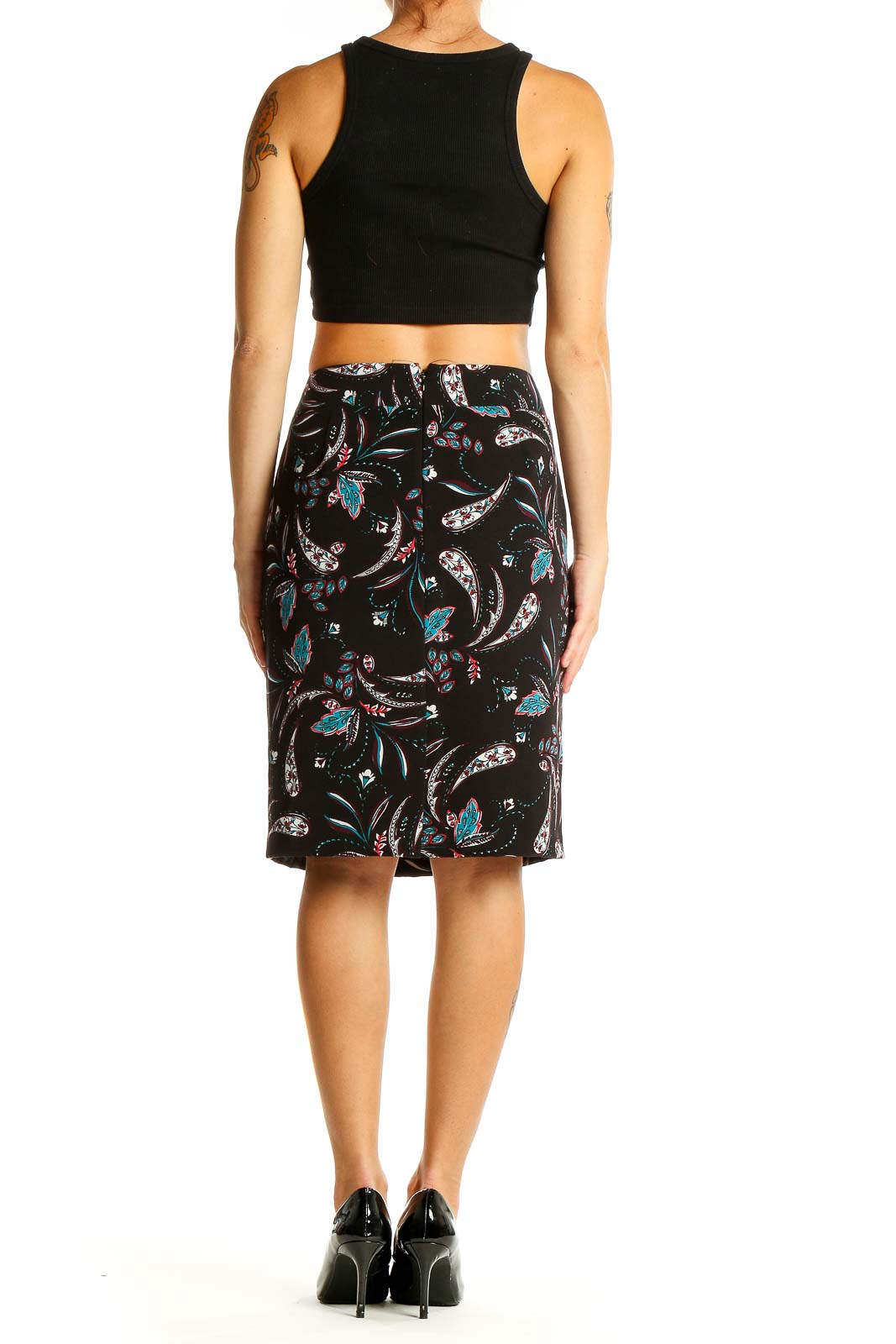 Back view of Ann Taylor black pencil skirt with colorful floral print