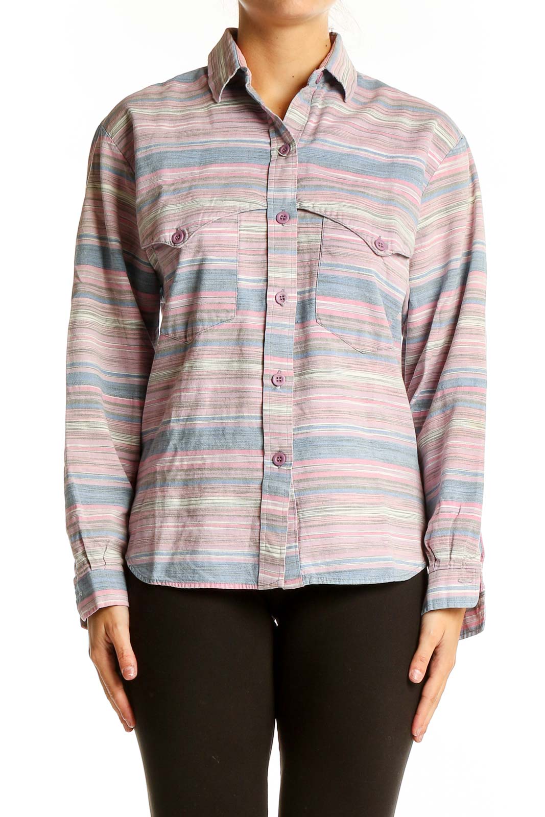 Front view of Roper pink striped button-up shirt with chest pockets