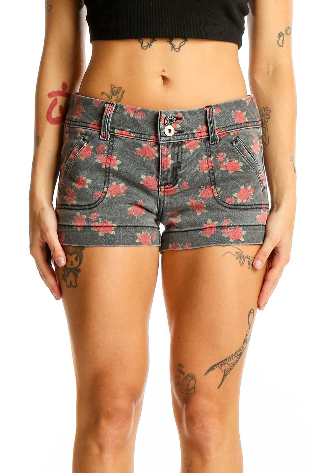 Front view of Guess gray denim shorts with red floral print