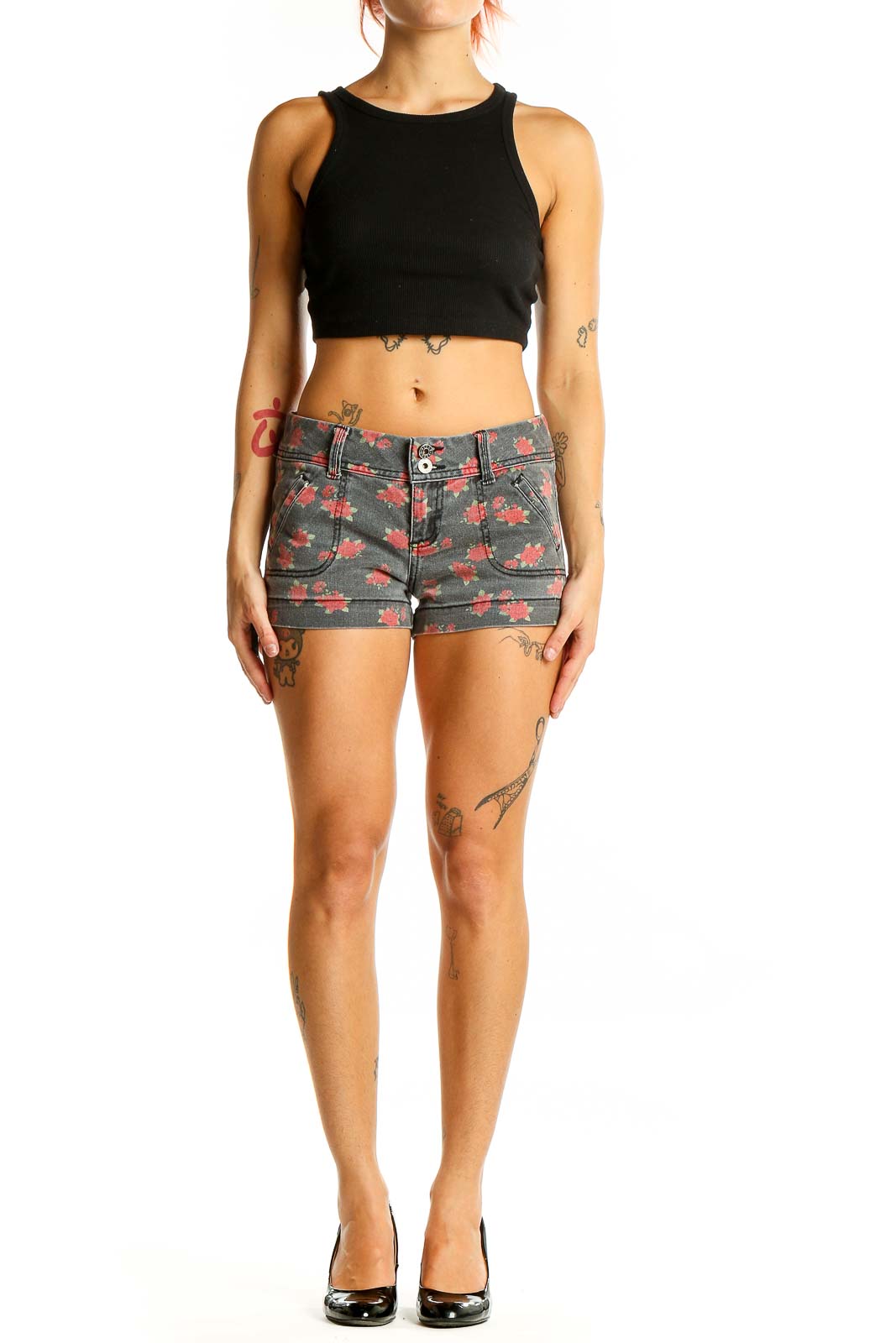 Front view of Guess gray denim shorts with red floral print