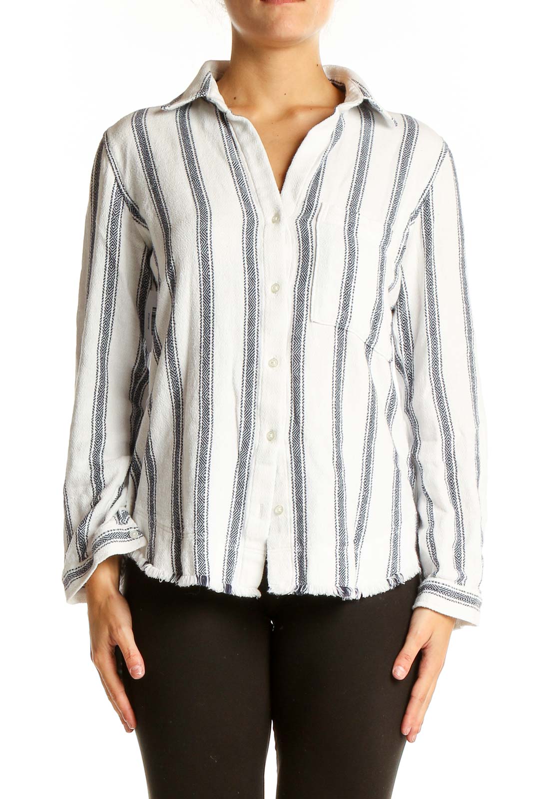 Front view of cloth & stone white and blue striped cotton button-down shirt