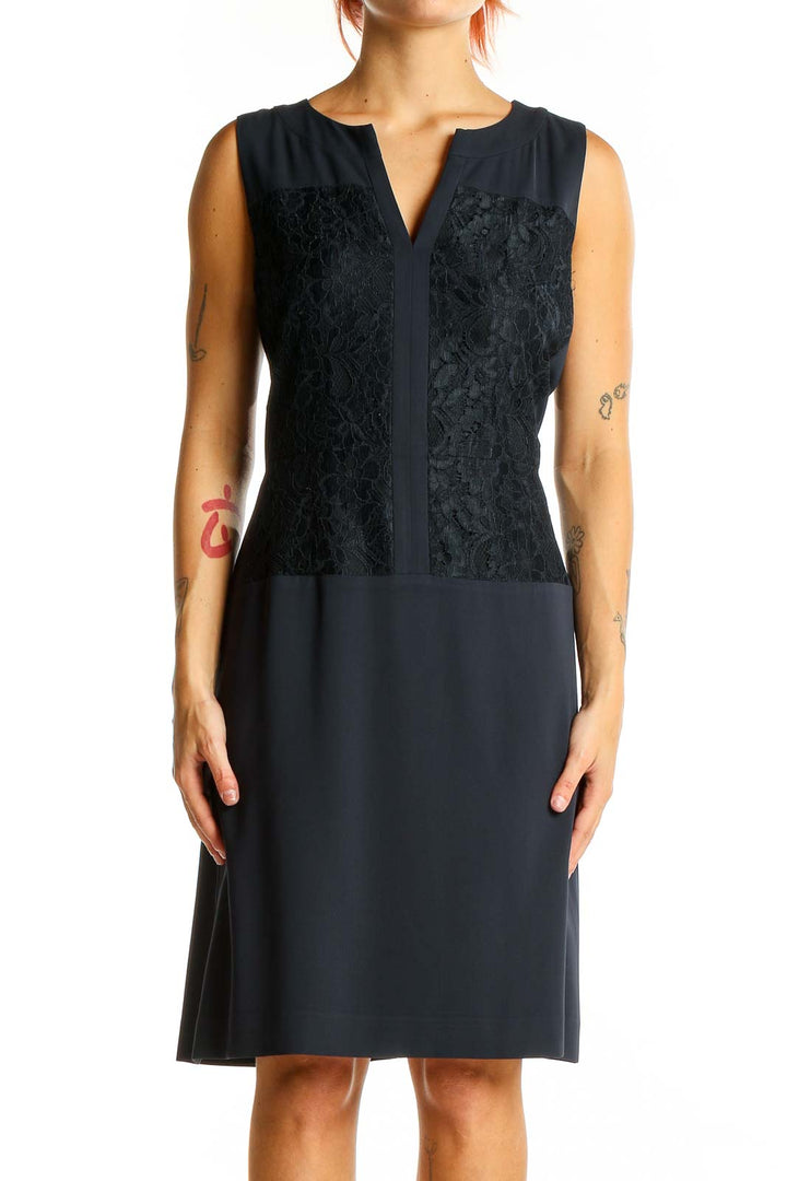 Front view of Ann Taylor black sleeveless dress with lace panel bodice