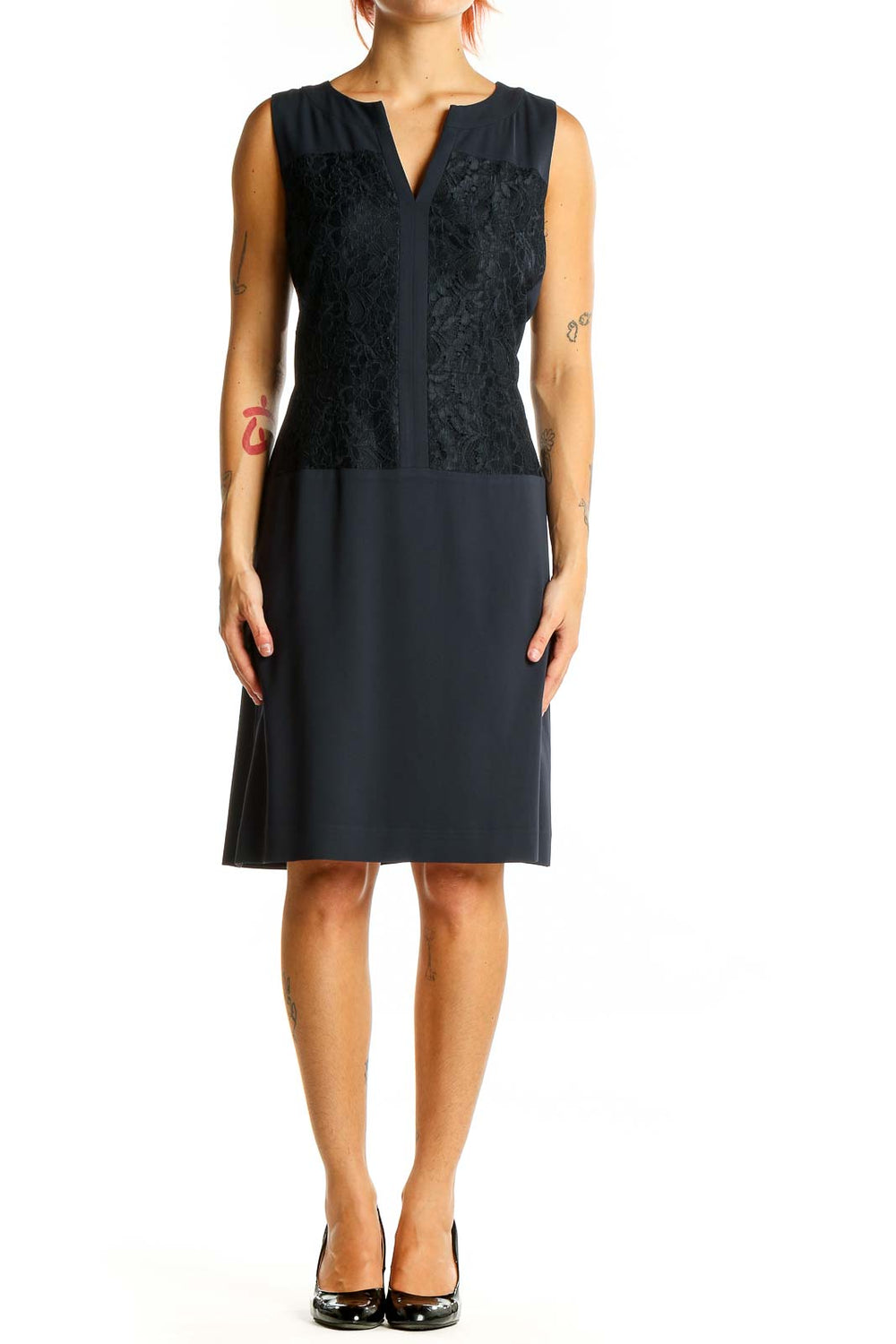 Front view of Ann Taylor black sleeveless dress with lace panel bodice